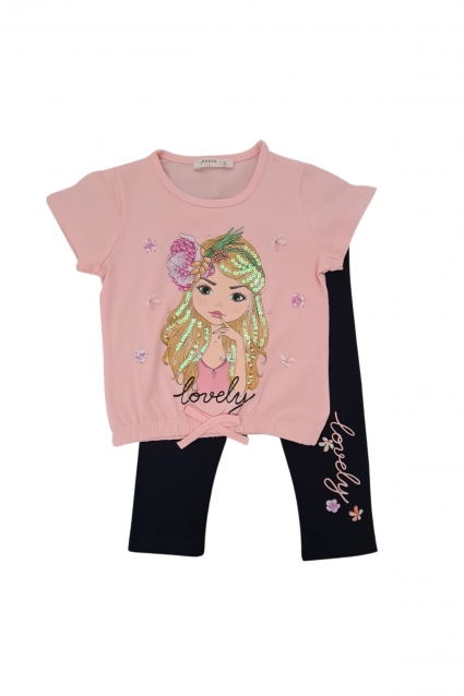 Girl short sleeve set with picture and sequins