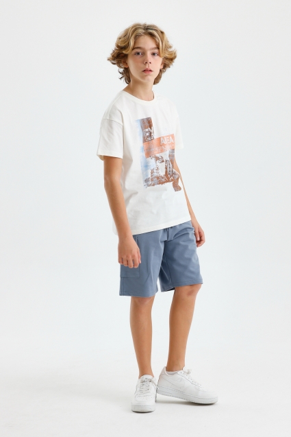 Children`s kit for a boy with short sleeve, ecru color