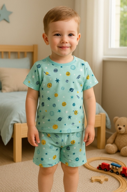 Baby pajamas for a short -sleeved boy, blue color