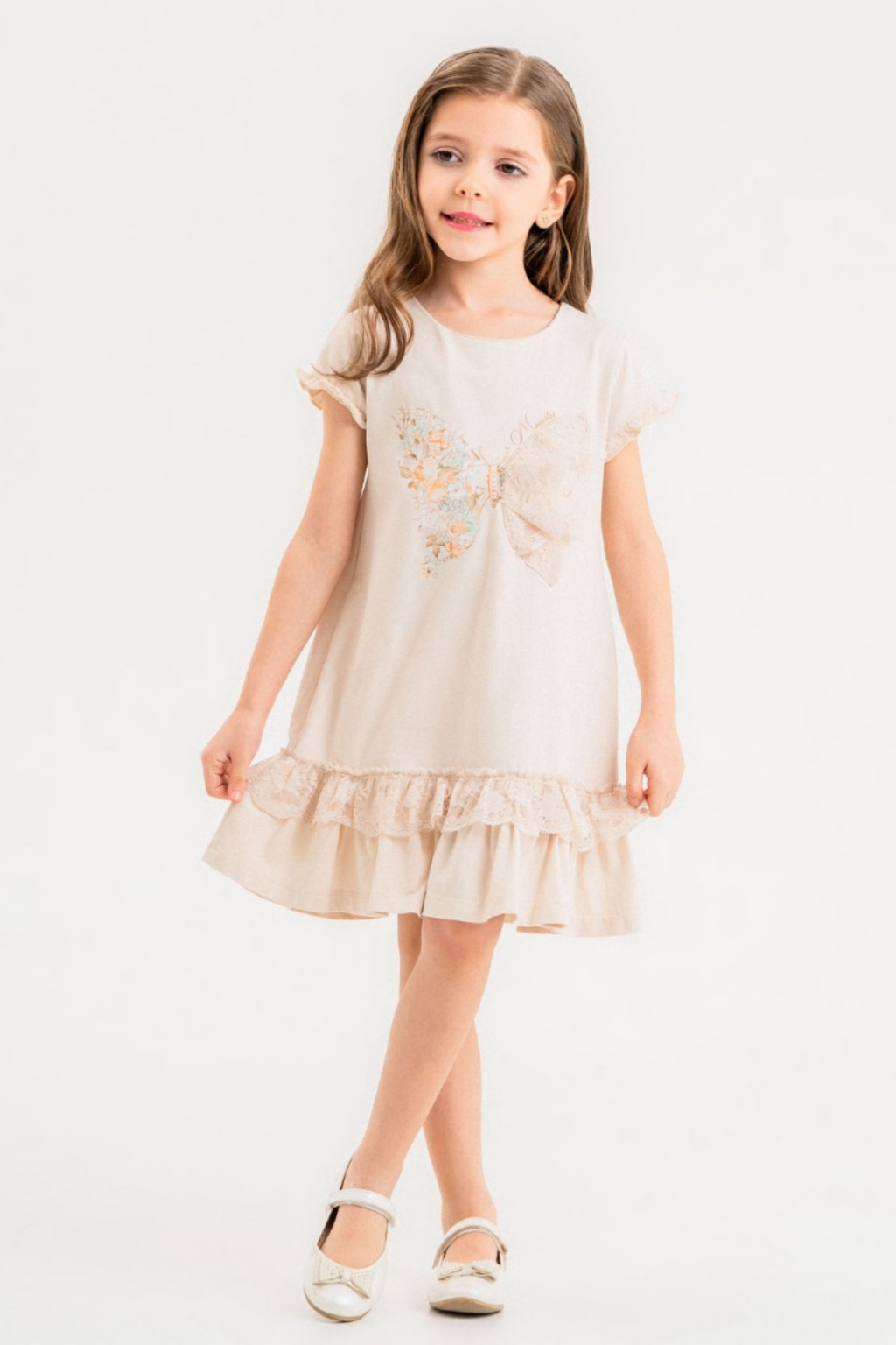 Short sleeve children`s dress, light beige