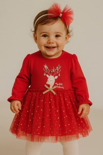 Children`s dress with long sleeves christmas, red color
