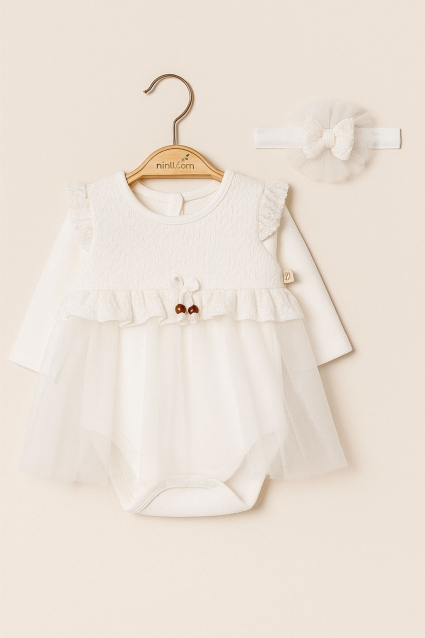 Baby bodysuit dress with long sleeves, white color