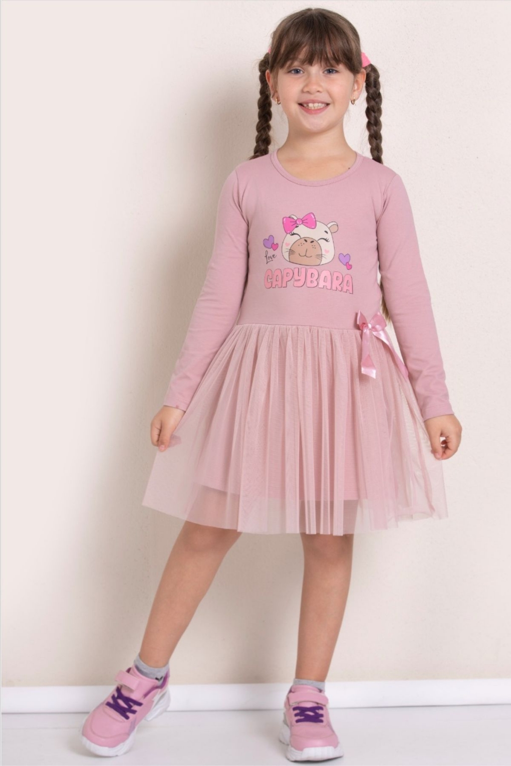Rochie pentru copii cu maneca lunga, culoare pudra