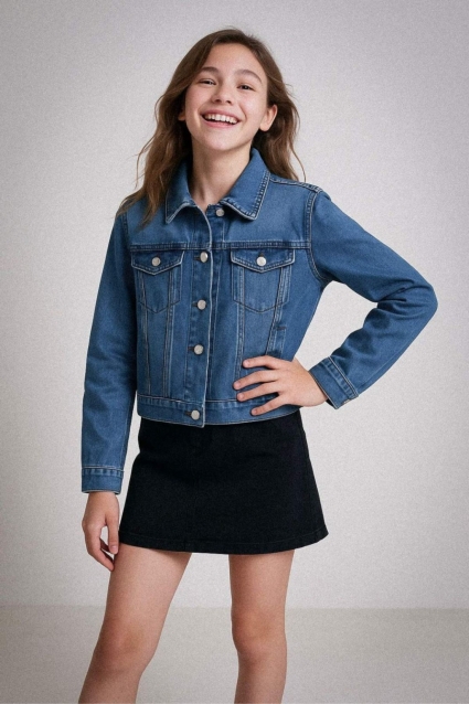 Denim baby jacket for girl, blue color