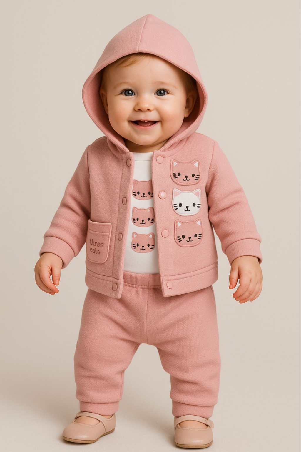 Baby girl set with long sleeve 3 pieces, dark pink color