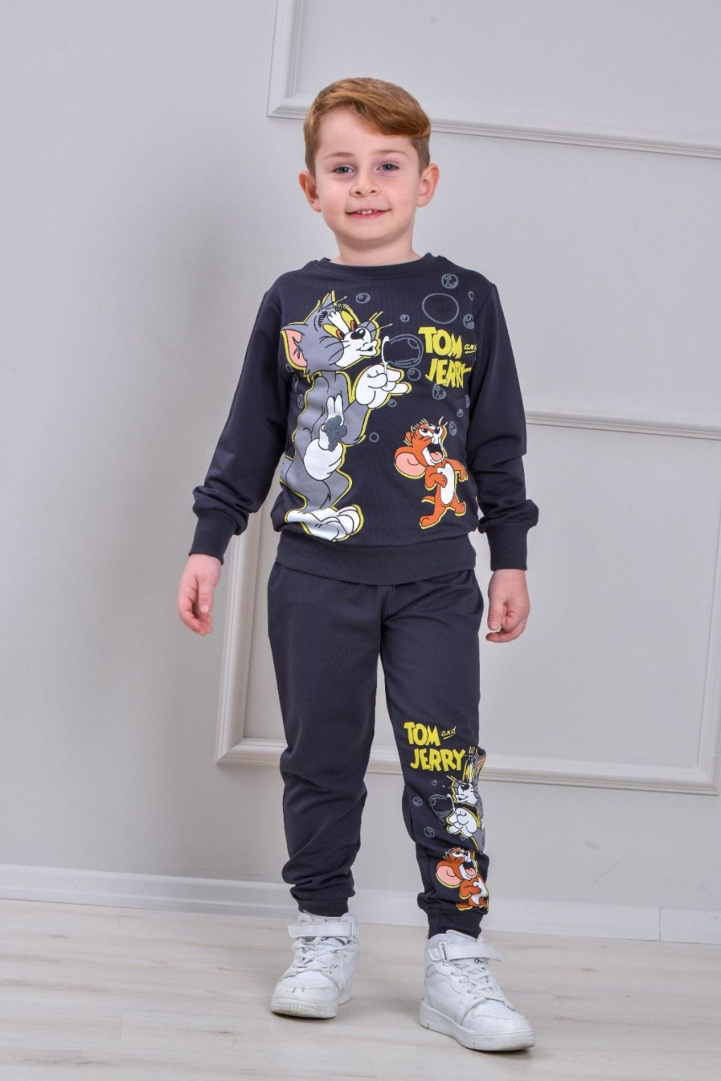 Children`s set for a boy with long sleeves, dark gray color
