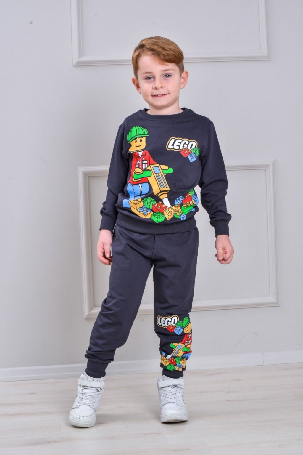 Children`s set for a boy with long sleeves, dark gray color