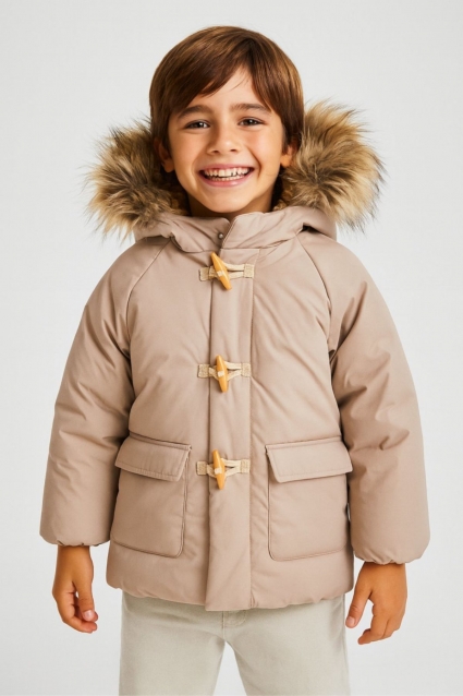 Children`s winter jacket for a boy, light brown color