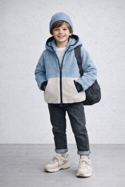 Children`s winter jacket for boy with two faces, dark blue color