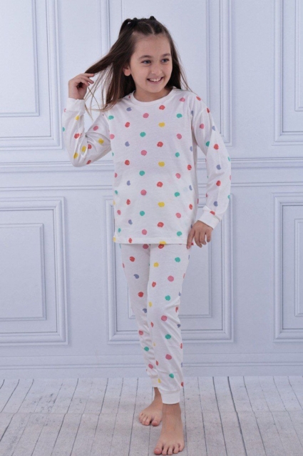 Children`s pajamas for girls with long sleeves, ecru color