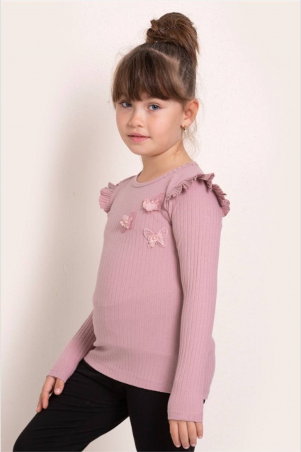 Children`s long-sleeved lace-up blouse for girls, powder color