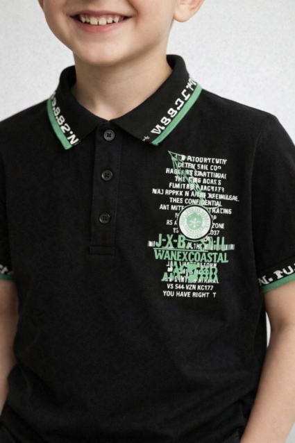Tricou pentru copii cu guler pentru baiat, culoare neagra