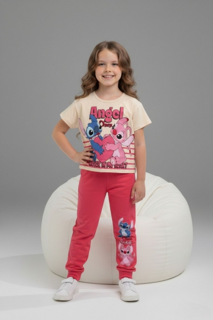 Children`s set for girls with short sleeves, cyclamen color