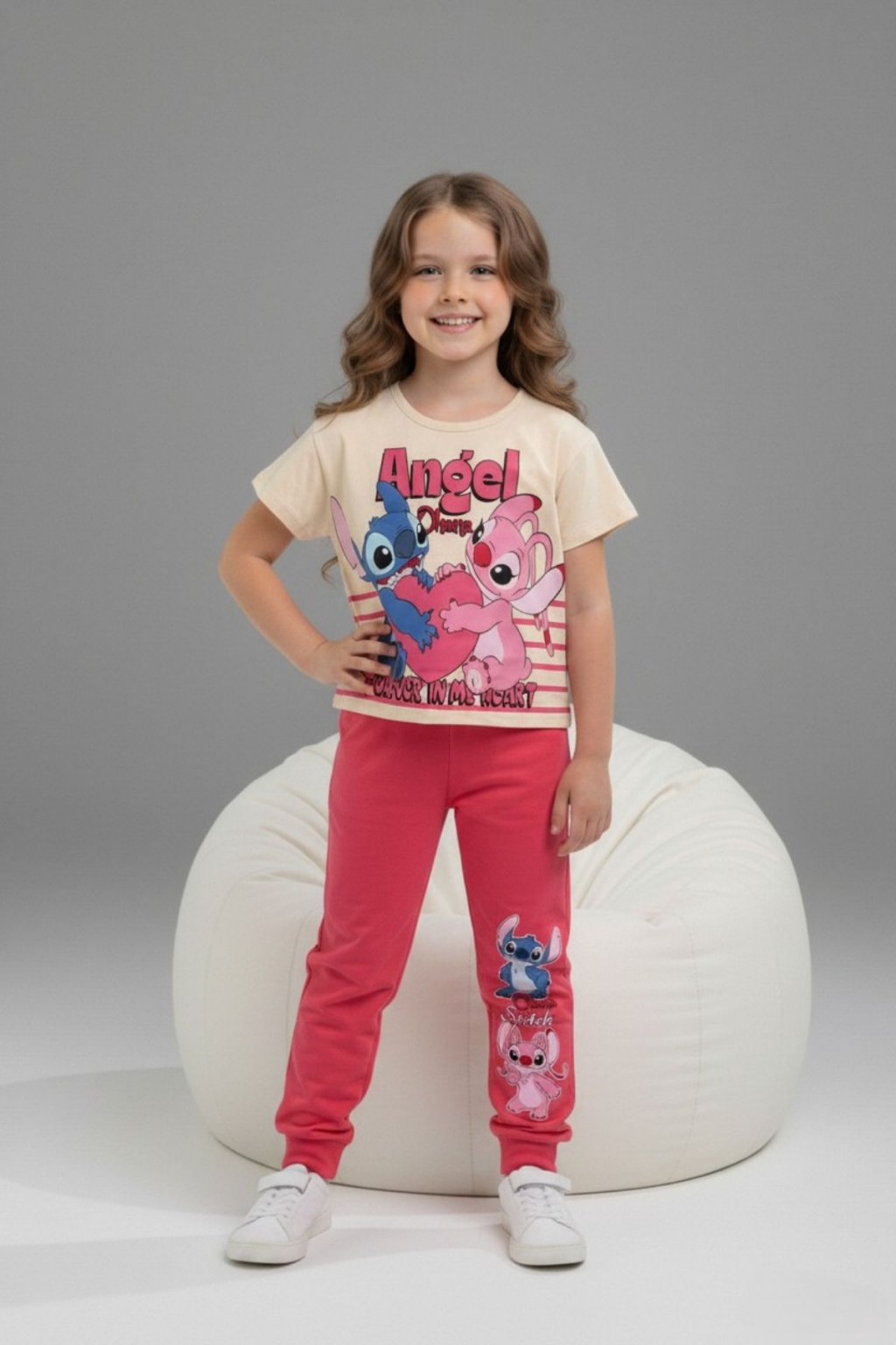 Children`s set for girls with short sleeves, cyclamen color
