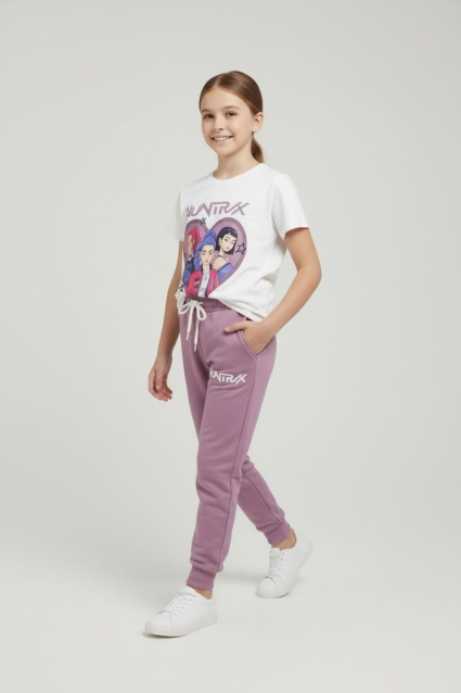Children`s set for girls with short sleeves, dark purple color