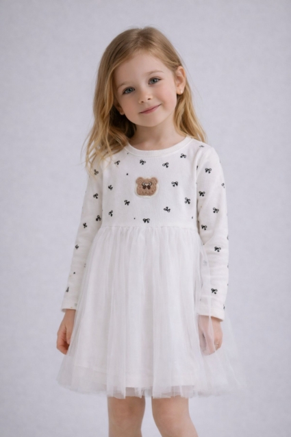 Children`s dress with long sleeves, white color