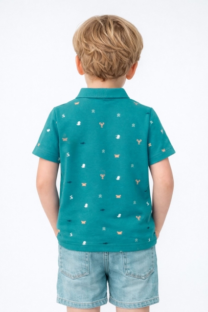 Tricou pentru copii cu guler pentru baiat, culoare verde
