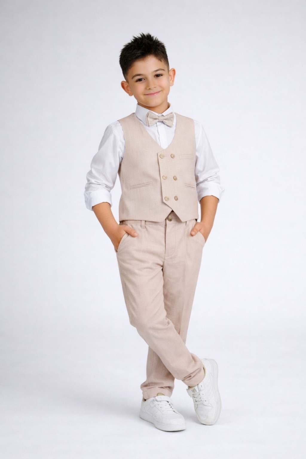 Children`s formal set for boys with long sleeves, beige color