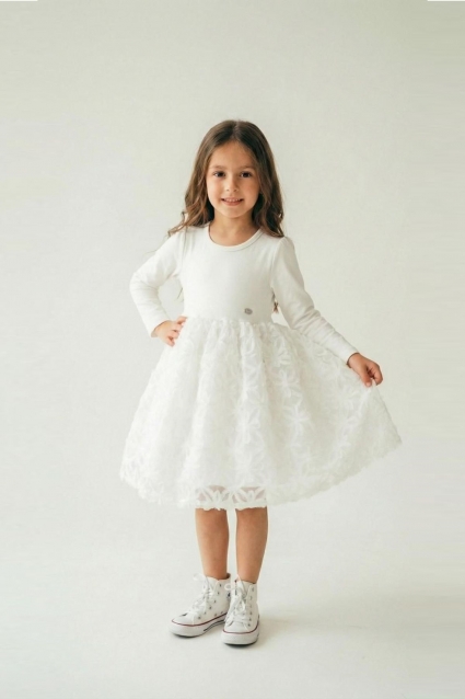 Rochie pentru copii cu maneci lungi, de culoare alba