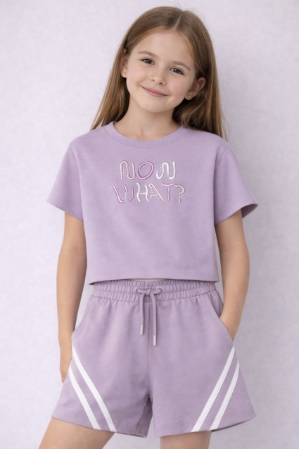 Set copii pentru fete cu maneca scurta, de culoare bej