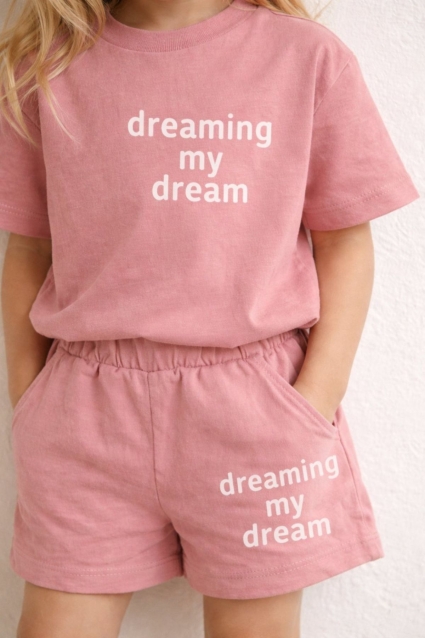 Children`s set for girls with short sleeves, dark pink color