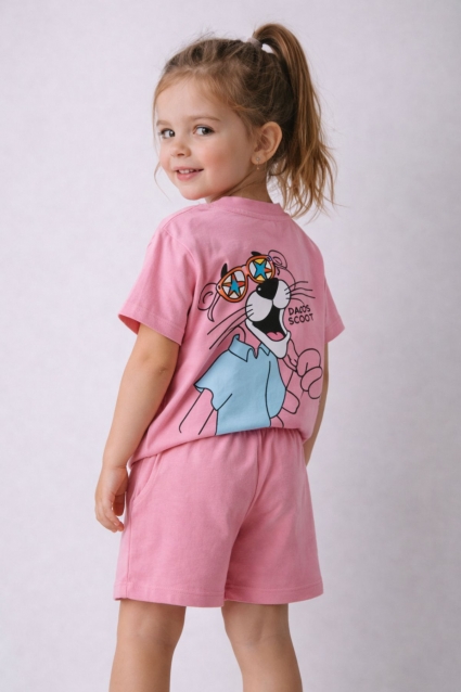 Children`s set for girls with short sleeves, pink color