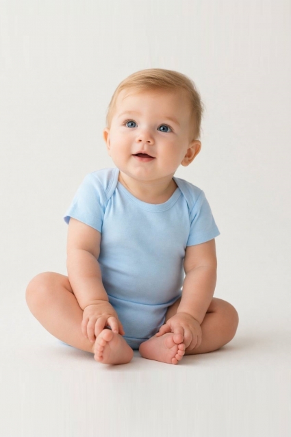 Baby bodysuit with short sleeves, blue color