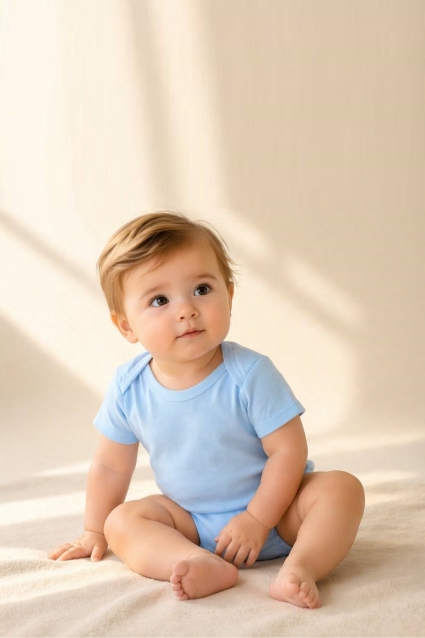 Baby bodysuit with short sleeves, blue color