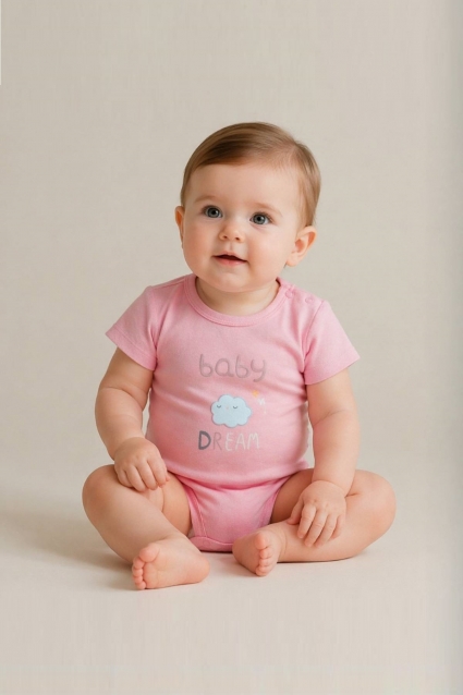 Baby bodysuit organic cotton for girls with short sleeves, pink color
