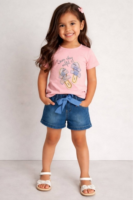 Children`s set for girls with short sleeves, pink color