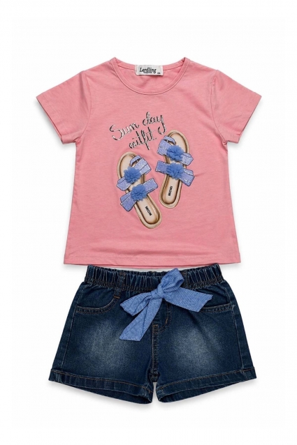 Children`s set for girls with short sleeves, pink color