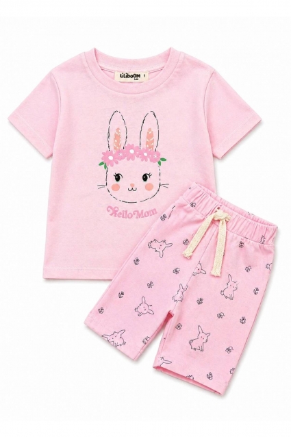Set copii pentru fete cu maneca scurta, culoare roz