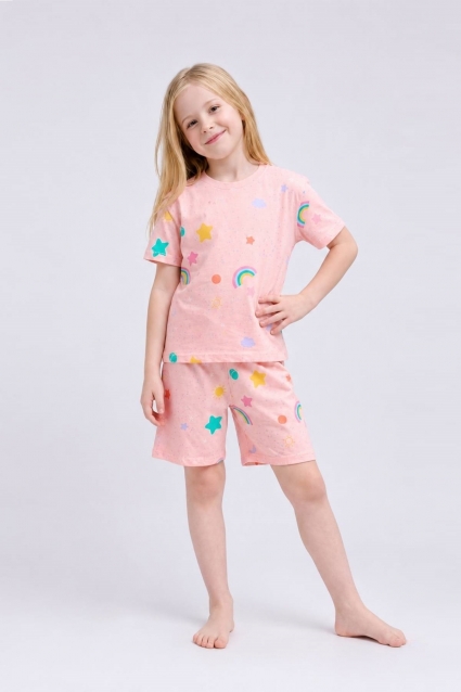 Children`s pajamas for girls with short sleeves stitch, pink color