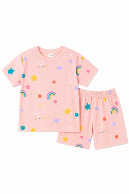 Children`s pajamas for girls with short sleeves stitch, pink color