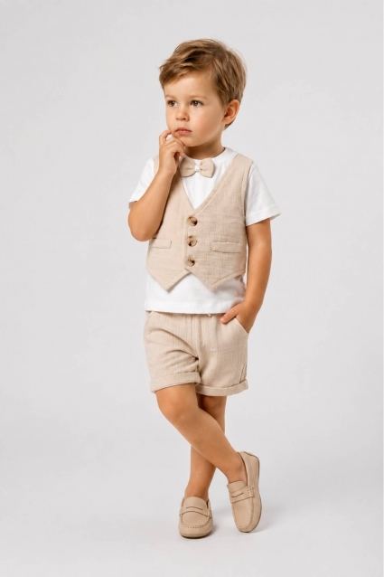 Children`s formal short sleeve 3-piece set for boys, beige color