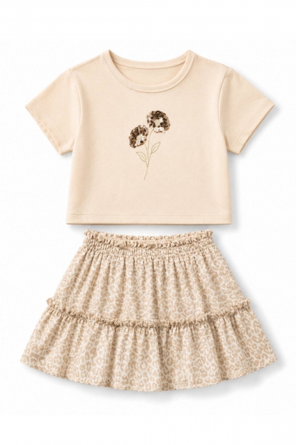 Children`s set for girls with short sleeves, beige color