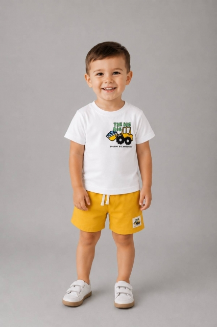 Children`s set for a boy with short sleeves, yellow color