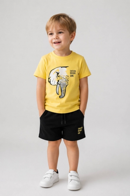 Children`s set for boy with short sleeves, dark green color