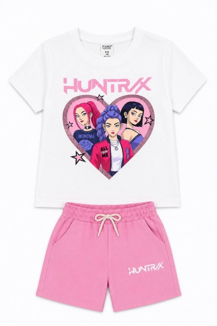 Set copii pentru fete cu maneca scurta, culoare roz