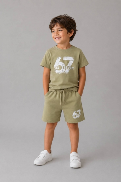 Children`s set for boy with short sleeves, dark green color