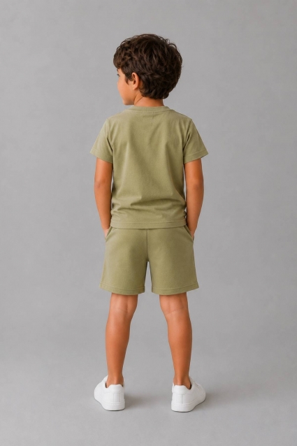 Children`s set for boy with short sleeves, dark green color