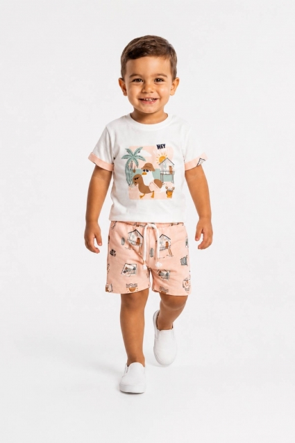 Children`s set for a boy with short sleeves, light pink color