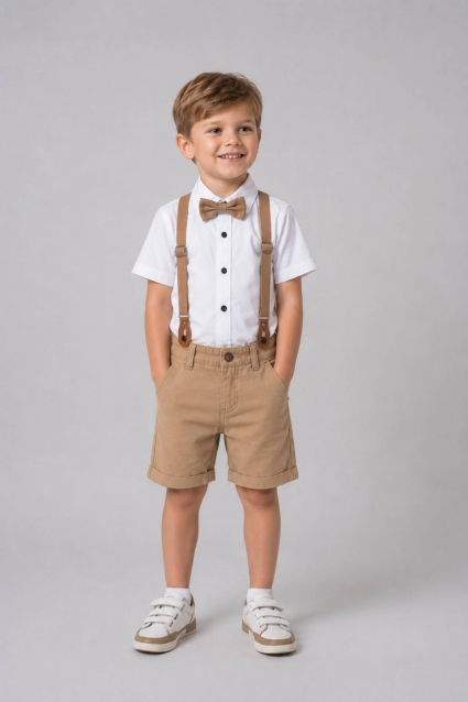Children`s formal set for boys with short sleeves, beige color
