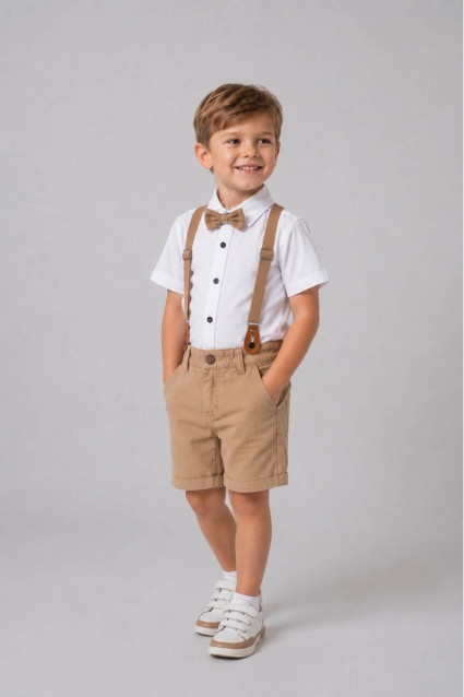 Children`s formal set for boys with short sleeves, beige color