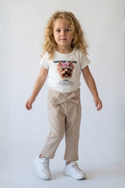 Children`s set for girls with short sleeves, beige color