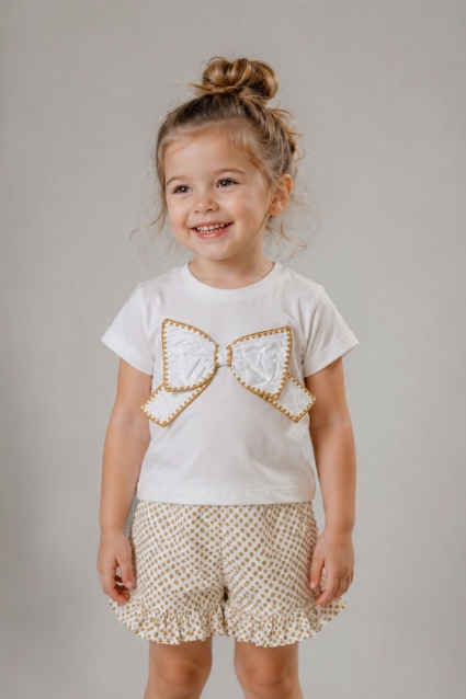 Set copii pentru fete cu maneca scurta, culoare ecru
