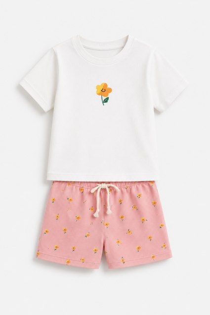 Set copii pentru fete cu maneca scurta, culoare roz