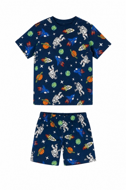 Children`s pajamas for boys with short sleeves, dark blue color