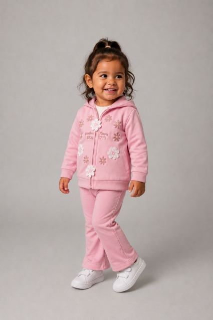 Set copii pentru fete cu maneci lungi 3 piese, culoare roz