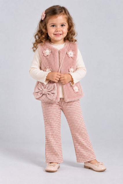 Set copii pentru fete cu maneci lungi 3 piese, culoare roz